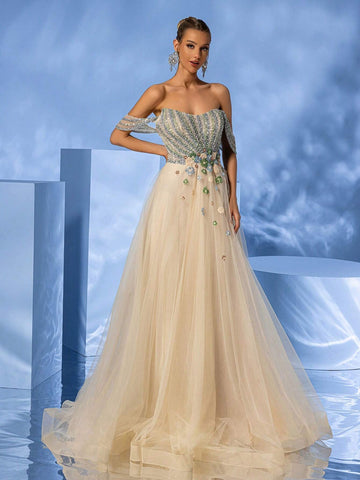 Giffniseti Women's Advanced Elegant Sparkling Beaded Multi-Layer Mesh Trumpet Hem Ball Gown With Train Giffniseti Women's Advanced Elegant Sparkling Beaded Multi-Layer Mesh Trumpet Hem Ball Gown With Train