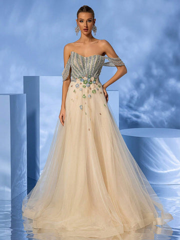 Giffniseti Women's Advanced Elegant Sparkling Beaded Multi-Layer Mesh Trumpet Hem Ball Gown With Train Giffniseti Women's Advanced Elegant Sparkling Beaded Multi-Layer Mesh Trumpet Hem Ball Gown With Train