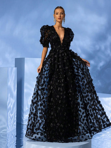Giffniseti Women's Deep V-Neck Bubble Sleeve 3d Floral Decoration Mesh Black Party Dress For Prom Giffniseti Women's Deep V-Neck Bubble Sleeve 3d Floral Decoration Mesh Black Party Dress For Prom