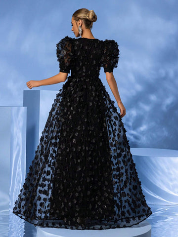 Giffniseti Women's Deep V-Neck Bubble Sleeve 3d Floral Decoration Mesh Black Party Dress For Prom Giffniseti Women's Deep V-Neck Bubble Sleeve 3d Floral Decoration Mesh Black Party Dress For Prom