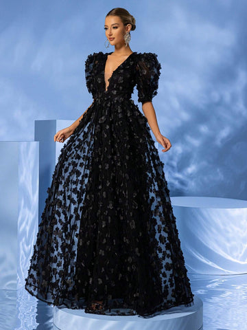 Giffniseti Women's Deep V-Neck Bubble Sleeve 3d Floral Decoration Mesh Black Party Dress For Prom Giffniseti Women's Deep V-Neck Bubble Sleeve 3d Floral Decoration Mesh Black Party Dress For Prom