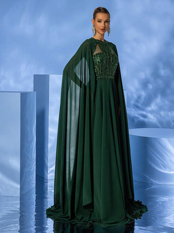 Giffniseti Women's Formal High-End Elegant Sequined High-Neck Chiffon Cape Sleeve Evening Dress With Long Train For Party Giffniseti Women's Formal High-End Elegant Sequined High-Neck Chiffon Cape Sleeve Evening Dress With Long Train For Party