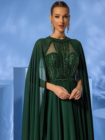Giffniseti Women's Formal High-End Elegant Sequined High-Neck Chiffon Cape Sleeve Evening Dress With Long Train For Party Giffniseti Women's Formal High-End Elegant Sequined High-Neck Chiffon Cape Sleeve Evening Dress With Long Train For Party