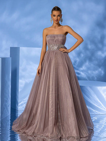 Giffniseti Women's Mesh Strapless Dress With Floral Waistline, High-End Elegant Floor-Length Formal Evening Dress Giffniseti Women's Mesh Strapless Dress With Floral Waistline, High-End Elegant Floor-Length Formal Evening Dress