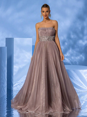 Giffniseti Women's Mesh Strapless Dress With Floral Waistline, High-End Elegant Floor-Length Formal Evening Dress Giffniseti Women's Mesh Strapless Dress With Floral Waistline, High-End Elegant Floor-Length Formal Evening Dress