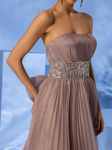 Giffniseti Women's Mesh Strapless Dress With Floral Waistline, High-End Elegant Floor-Length Formal Evening Dress Giffniseti Women's Mesh Strapless Dress With Floral Waistline, High-End Elegant Floor-Length Formal Evening Dress