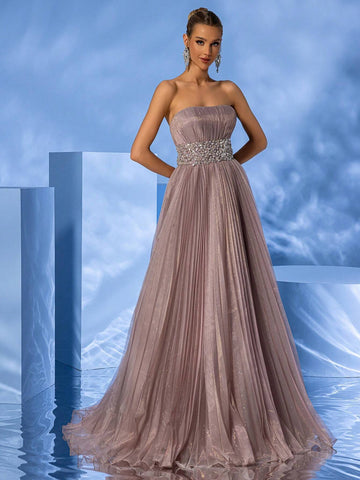 Giffniseti Women's Mesh Strapless Dress With Floral Waistline, High-End Elegant Floor-Length Formal Evening Dress Giffniseti Women's Mesh Strapless Dress With Floral Waistline, High-End Elegant Floor-Length Formal Evening Dress