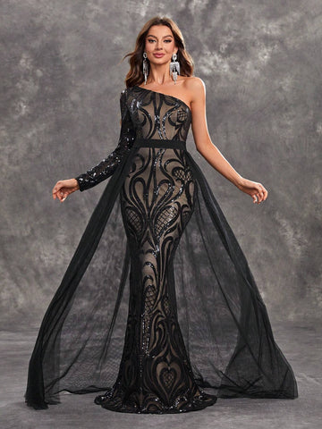 Giffniseti Women's Party Mermaid Gown With Sequin One Shoulder Floral Embroidery Mesh Elegant And Sexy Evening Dress Giffniseti Women's Party Mermaid Gown With Sequin One Shoulder Floral Embroidery Mesh Elegant And Sexy Evening Dress