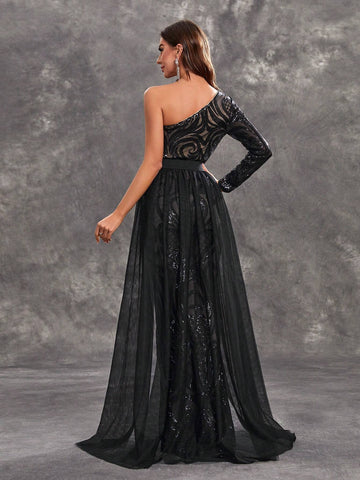 Giffniseti Women's Party Mermaid Gown With Sequin One Shoulder Floral Embroidery Mesh Elegant And Sexy Evening Dress Giffniseti Women's Party Mermaid Gown With Sequin One Shoulder Floral Embroidery Mesh Elegant And Sexy Evening Dress