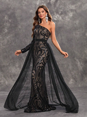 Giffniseti Women's Party Mermaid Gown With Sequin One Shoulder Floral Embroidery Mesh Elegant And Sexy Evening Dress Giffniseti Women's Party Mermaid Gown With Sequin One Shoulder Floral Embroidery Mesh Elegant And Sexy Evening Dress