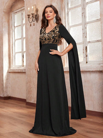 Giffniseti Women's Shiny Floral Printed V-Neck Party Dress With Flowy Sleeves For Ball, Evening Giffniseti Women's Shiny Floral Printed V-Neck Party Dress With Flowy Sleeves For Ball, Evening