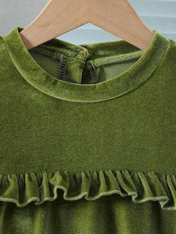 Girl Elegant Velvet Long Sleeve Dress With Lettuce Trim, Perfect For Holiday & Spring/Fall Occasions Girl Elegant Velvet Long Sleeve Dress With Lettuce Trim, Perfect For Holiday & Spring/Fall Occasions