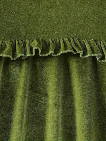 Girl Elegant Velvet Long Sleeve Dress With Lettuce Trim, Perfect For Holiday & Spring/Fall Occasions Girl Elegant Velvet Long Sleeve Dress With Lettuce Trim, Perfect For Holiday & Spring/Fall Occasions