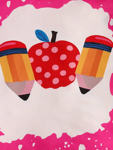 Girl Toddler 2pcs Short Sleeve T-Shirt And Shorts Set, Cartoon Apple & Pencil Print, Summer Girl Toddler 2pcs Short Sleeve T-Shirt And Shorts Set, Cartoon Apple & Pencil Print, Summer