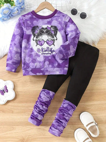 Girls 2pcs Cartoon Cat Pattern Crew Neck Long Sleeve Comfy Pullover + Joggers Set For Girls Clothes Girls 2pcs Cartoon Cat Pattern Crew Neck Long Sleeve Comfy Pullover + Joggers Set For Girls Clothes