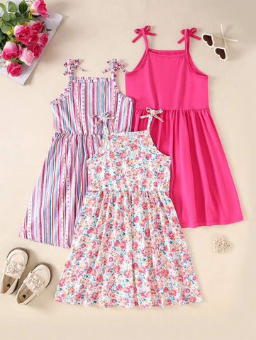 Girls 3pcs Floral Print Sleeveless Dress In Pink Girls 3pcs Floral Print Sleeveless Dress In Pink