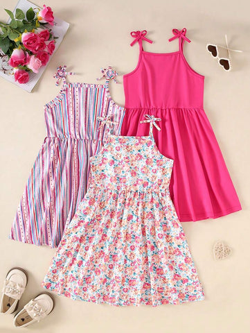 Girls 3pcs Floral Print Sleeveless Dress In Pink Girls 3pcs Floral Print Sleeveless Dress In Pink