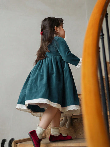 Girls Autumn/Winter Velvet Color Block Lace Trim Collar Dress, Christmas, New Year, Birthday Party Princess Dress Girls Autumn/Winter Velvet Color Block Lace Trim Collar Dress, Christmas, New Year, Birthday Party Princess Dress