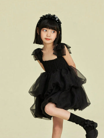 Girls' Black Swan Mesh Tutu Dress With Bowknot Shoulder Straps, Summer Princess Dress For Children Girls' Black Swan Mesh Tutu Dress With Bowknot Shoulder Straps, Summer Princess Dress For Children