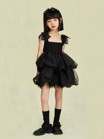 Girls' Black Swan Mesh Tutu Dress With Bowknot Shoulder Straps, Summer Princess Dress For Children Girls' Black Swan Mesh Tutu Dress With Bowknot Shoulder Straps, Summer Princess Dress For Children