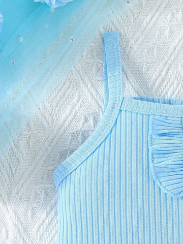 Girls' Blue Ribbed Cami Top & Butterfly Allover Print Shorts Set, Summer Fashionable And Cute Girls' Blue Ribbed Cami Top & Butterfly Allover Print Shorts Set, Summer Fashionable And Cute