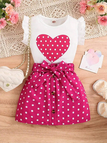 Girls' Butterfly-Sleeve Polka Dot Heart Shaped Printed Top And Buttoned Waist Belted Skirt Set, Summer Children's Clothing Girls' Butterfly-Sleeve Polka Dot Heart Shaped Printed Top And Buttoned Waist Belted Skirt Set, Summer Children's Clothing