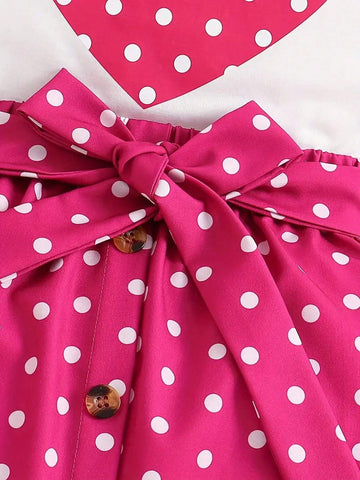 Girls' Butterfly-Sleeve Polka Dot Heart Shaped Printed Top And Buttoned Waist Belted Skirt Set, Summer Children's Clothing Girls' Butterfly-Sleeve Polka Dot Heart Shaped Printed Top And Buttoned Waist Belted Skirt Set, Summer Children's Clothing