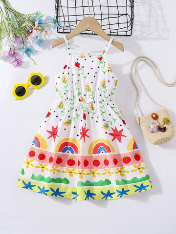 Girls Cartoon Printed Strap Dress, Cute & Fun Beach Vacation Sundress For Young Girl, Colorful Graffiti Beach Dress For Spring/Summer Outings Girls Cartoon Printed Strap Dress, Cute & Fun Beach Vacation Sundress For Young Girl, Colorful Graffiti Beach Dress For Spring/Summer Outings