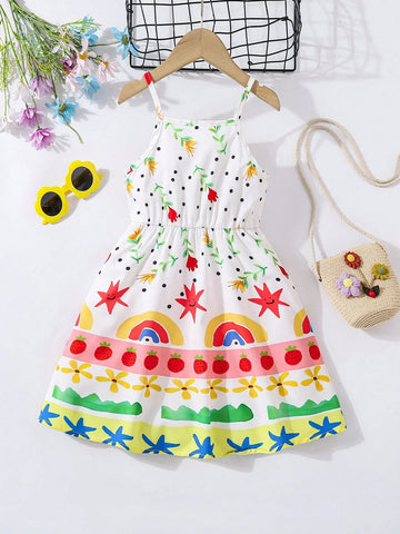 Girls Cartoon Printed Strap Dress, Cute & Fun Beach Vacation Sundress For Young Girl, Colorful Graffiti Beach Dress For Spring/Summer Outings Girls Cartoon Printed Strap Dress, Cute & Fun Beach Vacation Sundress For Young Girl, Colorful Graffiti Beach Dress For Spring/Summer Outings