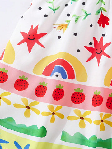 Girls Cartoon Printed Strap Dress, Cute & Fun Beach Vacation Sundress For Young Girl, Colorful Graffiti Beach Dress For Spring/Summer Outings Girls Cartoon Printed Strap Dress, Cute & Fun Beach Vacation Sundress For Young Girl, Colorful Graffiti Beach Dress For Spring/Summer Outings