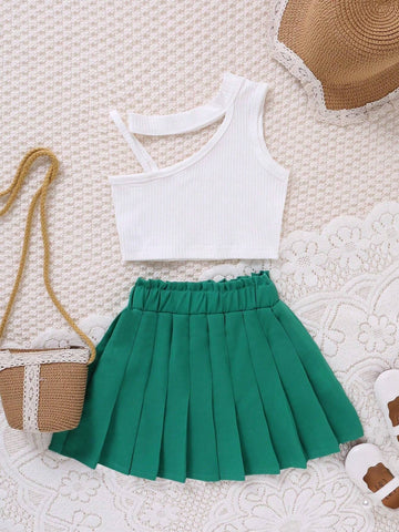 Girls' Casual Asymmetric Spaghetti Strap Top And Paper Bag Waist Button Decor Pleated Skirt Set, Summer Girls' Casual Asymmetric Spaghetti Strap Top And Paper Bag Waist Button Decor Pleated Skirt Set, Summer