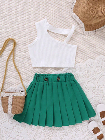 Girls' Casual Asymmetric Spaghetti Strap Top And Paper Bag Waist Button Decor Pleated Skirt Set, Summer Girls' Casual Asymmetric Spaghetti Strap Top And Paper Bag Waist Button Decor Pleated Skirt Set, Summer