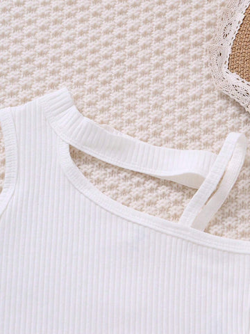 Girls' Casual Asymmetric Spaghetti Strap Top And Paper Bag Waist Button Decor Pleated Skirt Set, Summer Girls' Casual Asymmetric Spaghetti Strap Top And Paper Bag Waist Button Decor Pleated Skirt Set, Summer
