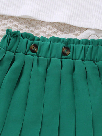 Girls' Casual Asymmetric Spaghetti Strap Top And Paper Bag Waist Button Decor Pleated Skirt Set, Summer Girls' Casual Asymmetric Spaghetti Strap Top And Paper Bag Waist Button Decor Pleated Skirt Set, Summer