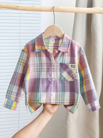 Girls Casual Fashion Turndown Collar Drop Shoulder Long Sleeve Loose Comfy Colorful Patch Fake Pocket Letter Print Shirt, Spring Autumn Girls Casual Fashion Turndown Collar Drop Shoulder Long Sleeve Loose Comfy Colorful Patch Fake Pocket Letter Print Shirt, Spring Autumn
