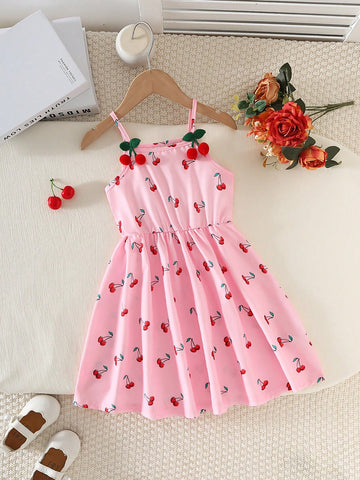 Girls' Casual Fashionable Cute Cherry Print Sleeveless High Waist Short Dress With 3D Cherry Decoration Girls' Casual Fashionable Cute Cherry Print Sleeveless High Waist Short Dress With 3D Cherry Decoration