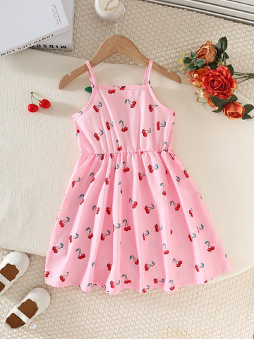 Girls' Casual Fashionable Cute Cherry Print Sleeveless High Waist Short Dress With 3D Cherry Decoration Girls' Casual Fashionable Cute Cherry Print Sleeveless High Waist Short Dress With 3D Cherry Decoration