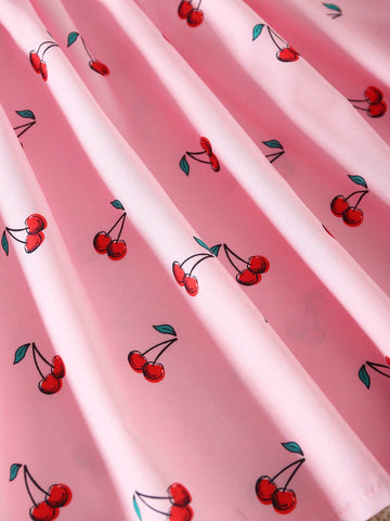 Girls' Casual Fashionable Cute Cherry Print Sleeveless High Waist Short Dress With 3D Cherry Decoration Girls' Casual Fashionable Cute Cherry Print Sleeveless High Waist Short Dress With 3D Cherry Decoration