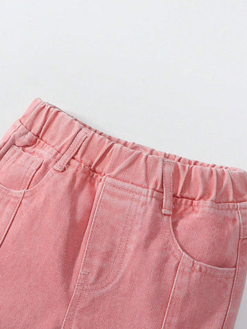 Girls' Casual Pink Stone Washed Denim Jeans With Slit Hem Girls' Casual Pink Stone Washed Denim Jeans With Slit Hem