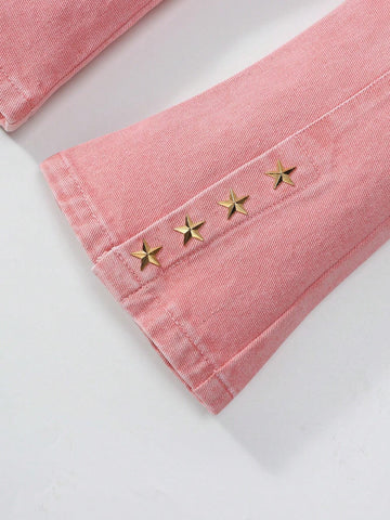 Girls' Casual Pink Stone Washed Denim Jeans With Slit Hem Girls' Casual Pink Stone Washed Denim Jeans With Slit Hem