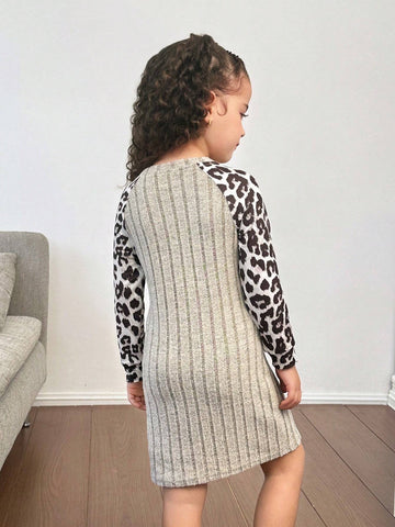 Girls Casual Warm Versatile Comfy Knit Patchwork Leopard Print Long Sleeve Dress Girls Casual Warm Versatile Comfy Knit Patchwork Leopard Print Long Sleeve Dress