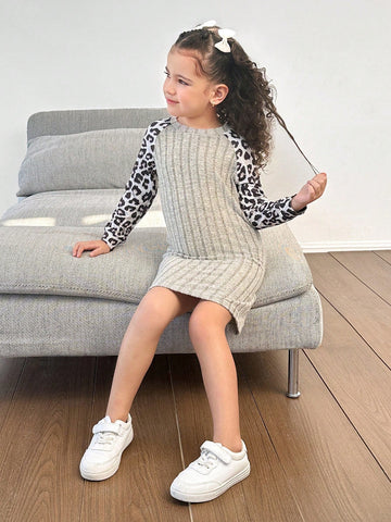 Girls Casual Warm Versatile Comfy Knit Patchwork Leopard Print Long Sleeve Dress Girls Casual Warm Versatile Comfy Knit Patchwork Leopard Print Long Sleeve Dress