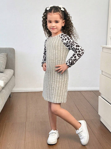 Girls Casual Warm Versatile Comfy Knit Patchwork Leopard Print Long Sleeve Dress Girls Casual Warm Versatile Comfy Knit Patchwork Leopard Print Long Sleeve Dress