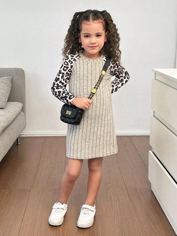 Girls Casual Warm Versatile Comfy Knit Patchwork Leopard Print Long Sleeve Dress Girls Casual Warm Versatile Comfy Knit Patchwork Leopard Print Long Sleeve Dress