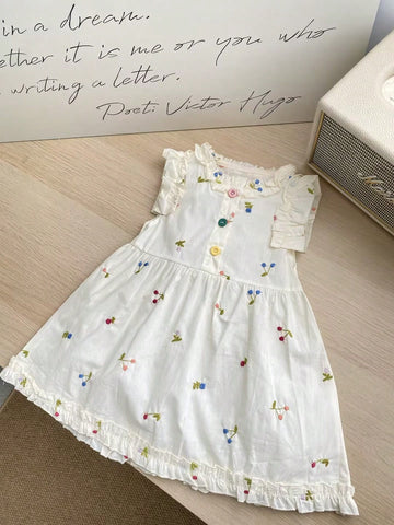 Girls' Cherry Embroidery Decor Princess Dress, New Summer Fashion Children Clothing Girls' Cherry Embroidery Decor Princess Dress, New Summer Fashion Children Clothing
