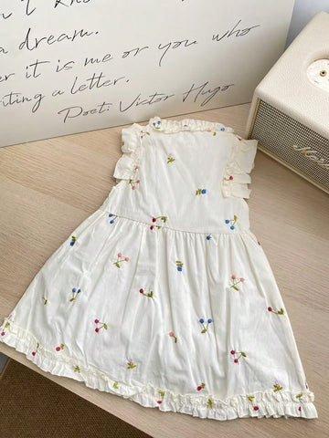 Girls' Cherry Embroidery Decor Princess Dress, New Summer Fashion Children Clothing Girls' Cherry Embroidery Decor Princess Dress, New Summer Fashion Children Clothing