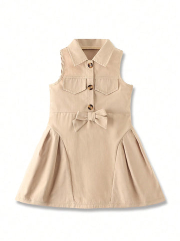 Girls' Chic Academy Style Sleeveless A-Line Dress With Decorative Flap Collar And 3D Bow, Summer Girls' Chic Academy Style Sleeveless A-Line Dress With Decorative Flap Collar And 3D Bow, Summer
