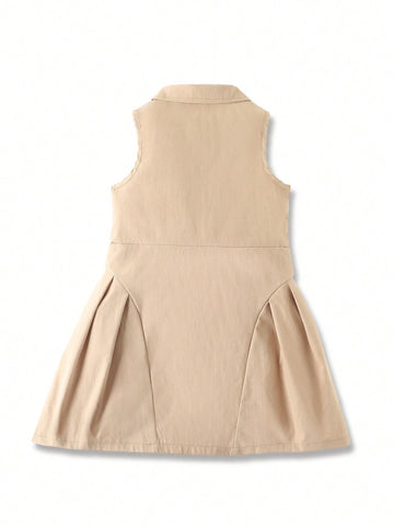 Girls' Chic Academy Style Sleeveless A-Line Dress With Decorative Flap Collar And 3D Bow, Summer Girls' Chic Academy Style Sleeveless A-Line Dress With Decorative Flap Collar And 3D Bow, Summer
