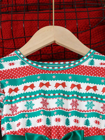 Girls Christmas Green Dress With Santa Tree, Bow, Snowflake Digital Print, Waist Belt, Green Mesh Skirt, Cute Casual Elegant Fashion Dress Girls Christmas Green Dress With Santa Tree, Bow, Snowflake Digital Print, Waist Belt, Green Mesh Skirt, Cute Casual Elegant Fashion Dress