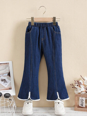 Girls' Comfortable Denim Pants In Blue Color, With Split And Lace Hem, Flared Design, And Patchwork, For Spring And Summer Girls' Comfortable Denim Pants In Blue Color, With Split And Lace Hem, Flared Design, And Patchwork, For Spring And Summer